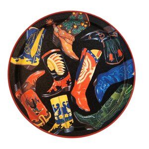 Vintage 1993 Potpourri Press Metal Tray With Colorful Cowboy Boot Design Black &